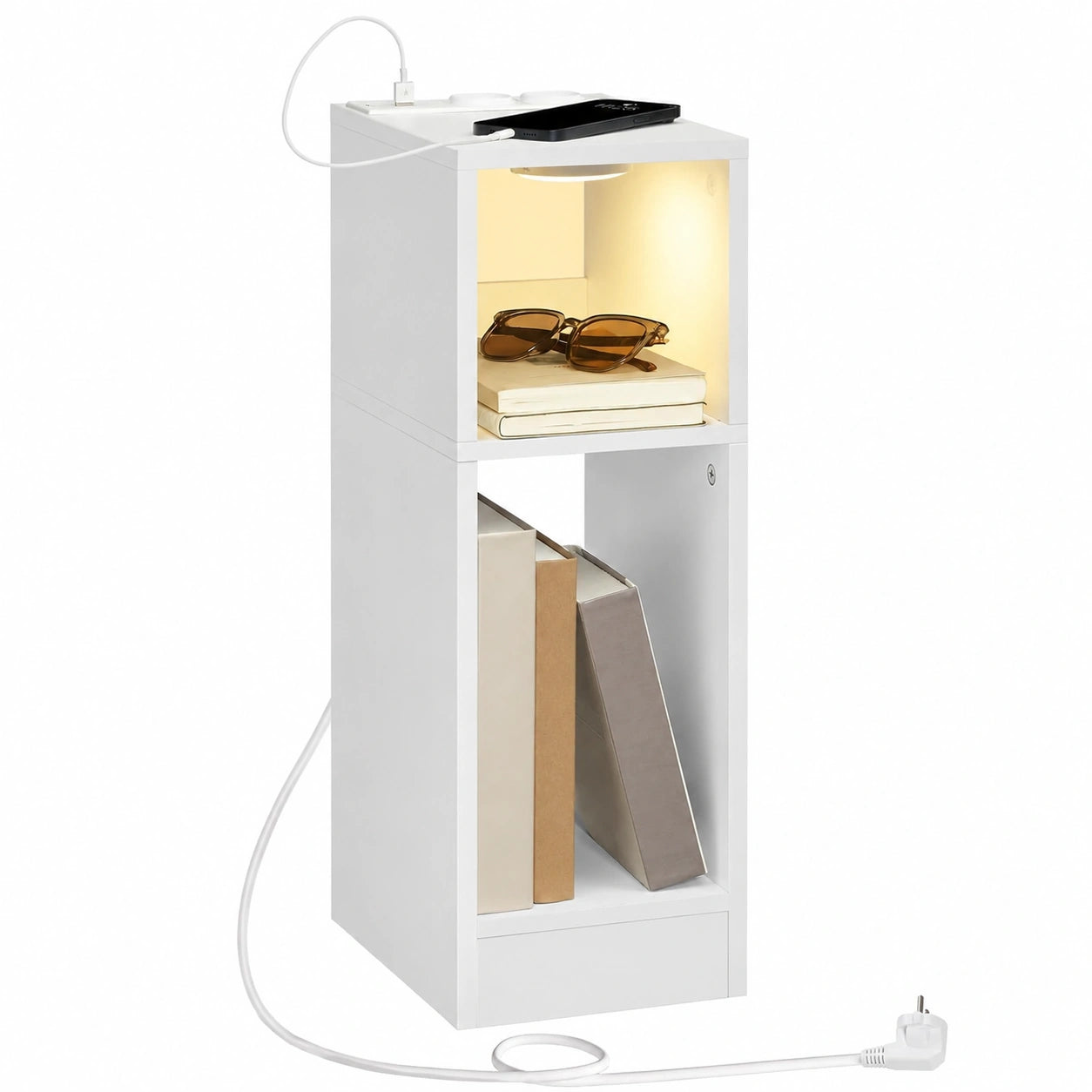Moderner Beistelltisch mit Ladefunktion und LED-Licht, Ideal für Wohnzimmer und Schlafzimmer, Weiß