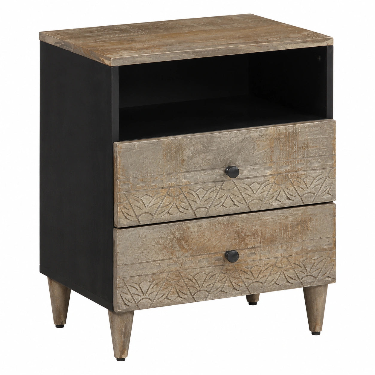 Moderner Nachttisch aus Mangoholz mit geschnitzter Front, hellgrau, 50x33x60 cm, stabil und leicht montierbar, ideal für Schlafzimmer und Wohnzimmer