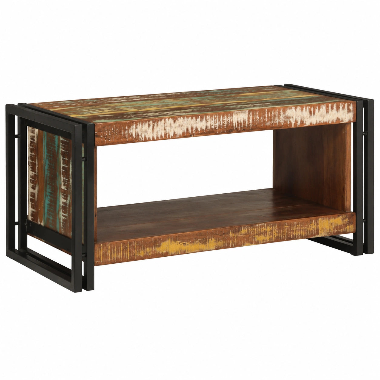 Moderner Couchtisch aus Upcycling-Holz mit Stauraum und Metallgestell, 90x50x38 cm, Mehrfarbig