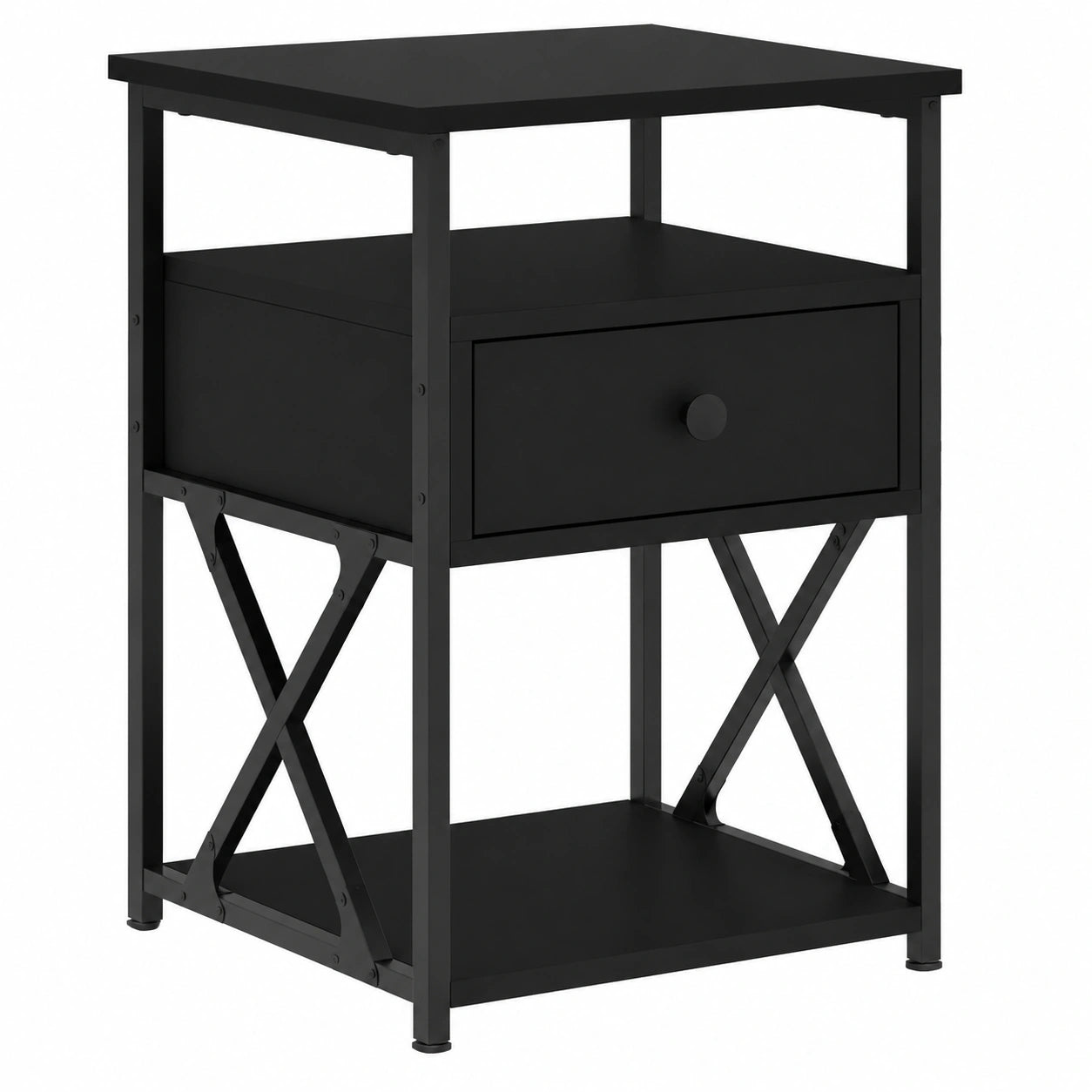 Modernes Nachttisch-Set aus Holz und Eisen, Schwarz, Höhenverstellbar, 2er-Set