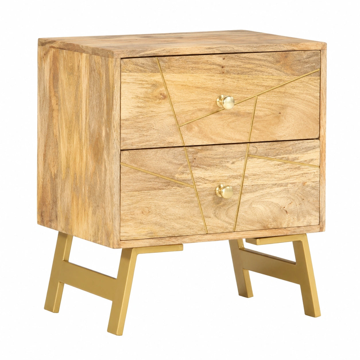 Industrie-Nachttisch aus Mangoholz mit zwei Schubladen, 40x30x50 cm, Beistelltisch für Schlafzimmer und Flur
